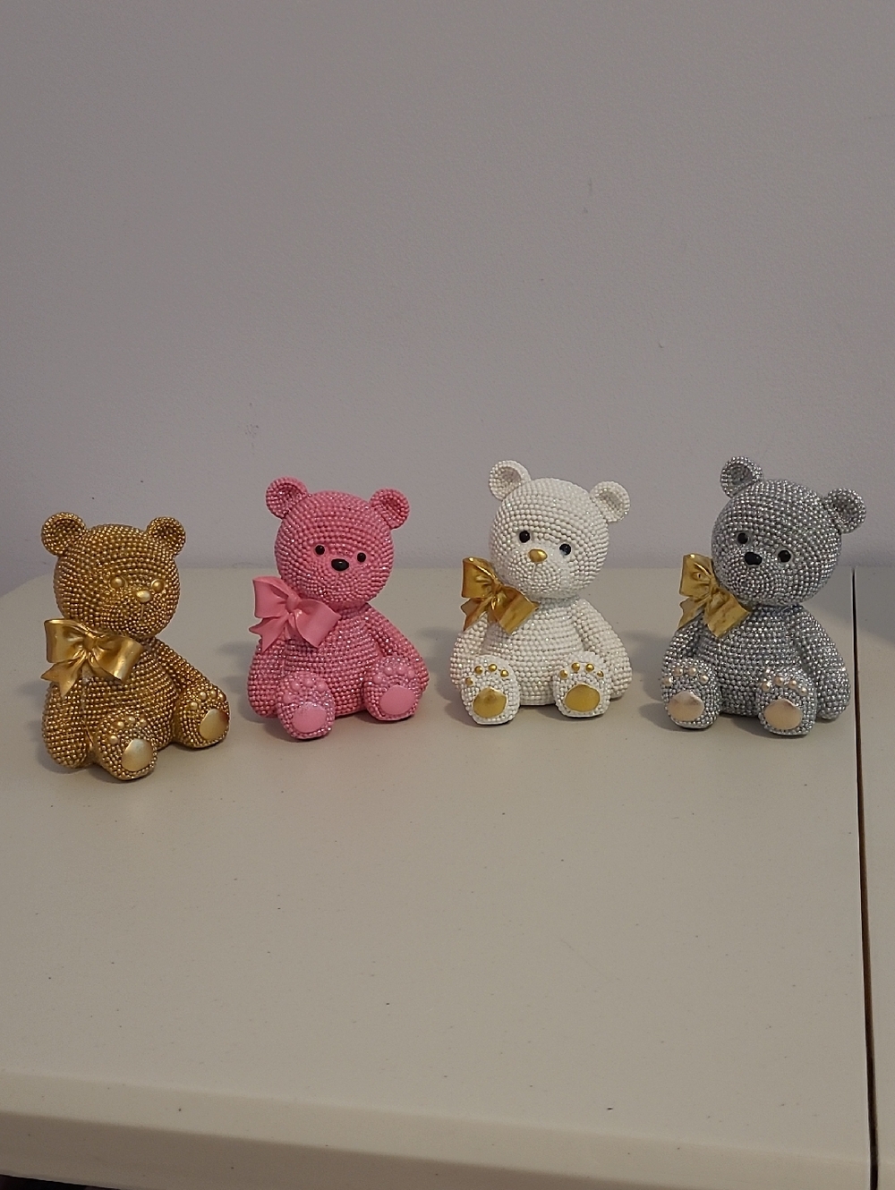 Embellished Beaded Teddy Bear Figurines - Gold, Pink, White, Silver